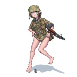 1girl :d ammunition_pouch artist_logo barefoot battle_rifle blonde_hair blue_eyes camouflage camouflage_jacket camouflage_shorts clothes_pull collared_jacket combat_helmet fg_42 full_moon german_army germany grin gun gun_sling helmet highres jacket logo looking_at_viewer military military_jacket military_uniform moon open_mouth original ostwindprojekt paratrooper pouch rifle shadow short_hair shorts shorts_pull simple_background sleeves_rolled_up smile solo teeth toes weapon white_background world_war_ii