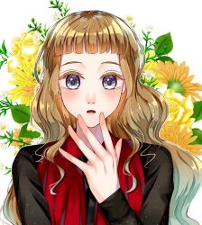 Rule 34 | 1girl, brown hair, dress, eyelashes, flower, gnosia, grey eyes, hair between eyes, highres, kukrushka (gnosia), long hair, long sleeves, looking at viewer, rose, shiba miso, shirt, simple background, solo, sunflower, upper body, wavy hair, yellow flower, yellow rose