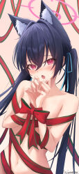 1girl :o absurdres animal_ear_fluff animal_ears bare_shoulders black_hair blue_archive blue_ribbon blush bound bound_wrists bow cat_ears cat_girl christmas collarbone commentary embarrassed extra_ears eyelashes fang fujiwara_haru_(nekonote) hair_between_eyes hair_intakes hair_ribbon halo hands_up highres long_hair long_ribbon looking_at_viewer naked_ribbon navel nose_blush open_mouth pink_background pink_halo red_bow red_eyes red_pupils red_ribbon ribbon serika_(blue_archive) signature simple_background skin_fang slit_pupils solo straight_hair tears twintails upper_body very_long_hair wrist_bow