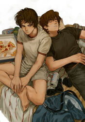 Rule 34 | 2boys, absurdres, barefoot, bed sheet, beer can, black shirt, boxers, brown hair, c-fish, can, closed eyes, commentary request, cowboy shot, denim, drink can, expressionless, fingernails, food, from above, full body, hand on own ankle, hand on own stomach, head on pillow, highres, indian style, jeans, jonathan byers, looking to the side, lying, male focus, male underwear, midriff peek, mole, mole on arm, mole on cheek, mole on neck, multiple boys, multiple moles, on back, pants, parted lips, pepperoni, pepperoni pizza, pillow, pizza, pizza box, shirt, short hair, short sleeves, sitting, sleeping, socks, steve harrington, stranger things, t-shirt, twitter username, underwear, unworn pants, unworn socks, white background, white male underwear, white shirt, wispy bangs