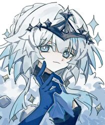 Rule 34 | 1girl, blue eyes, blue gloves, cerydra (honkai: star rail), gloves, grey hair, honkai: star rail, honkai (series), looking at viewer, medium hair, nekooooowo, official alternate costume, simple background, solo, tiara, upper body, white background