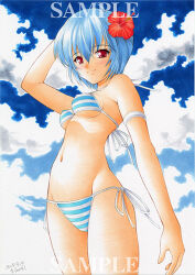 Rule 34 | 1girl, ayanami rei, bare shoulders, bikini, blue bikini, blue hair, blush, breasts, collarbone, day, hair ornament, hip bones, looking at viewer, marker (medium), medium breasts, navel, neon genesis evangelion, nightmare77zx, red eyes, short hair, side-tie bikini bottom, smile, solo, striped bikini, striped clothes, swimsuit, traditional media