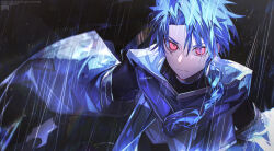 1boy absurdres blue_hair blue_theme bodysuit bodysuit_under_clothes braid braided_ponytail capelet child closed_mouth commentary_request cu_chulainn_(fate) eeju fate/grand_order fate_(series) highres holding holding_polearm holding_weapon hood hooded_capelet long_hair looking_at_viewer male_focus outdoors polearm rain red_eyes setanta_(fate) signature solo weapon wet wet_hair