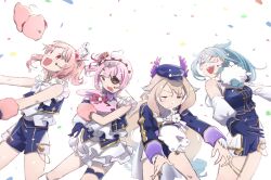 4girls :d absurdres ahoge aloupeep_(enna_alouette) aqua_eyes blonde_hair blue_hair commentary confetti crown elira_pendora english_commentary enna_alouette eyepatch hat head_wings heart heart_ahoge high_ponytail highres hug long_hair low_twintails maria_marionette marippet_(maria_marionette) medium_hair momojii_e multicolored_hair multiple_girls nijisanji nijisanji_en nijisanji_idol_uniform official_alternate_costume one_eye_closed open_mouth peaked_cap pink_eyes pink_hair ponytail purple_eyes red_eyes rosebud_(rosemi_lovelock) rosemi_lovelock side_ponytail smile streaked_hair tiara twintails very_long_hair virtual_youtuber weewa_(elira_pendora) white_background wings