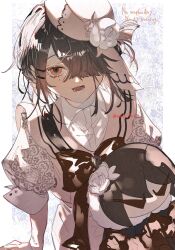 Rule 34 | 1girl, absurdres, black hair, bow, bowtie, brown eyes, collar, dress, fate/grand order, fate (series), hair over one eye, hat, highres, lady yu doll, looking at viewer, mole, mole under eye, nasubi illust, puffy sleeves, red bow, red bowtie, sailor collar, short dress, short hair, smile, solo, stuffed toy, upper body, white dress, white hat, xu fu (fate), xu fu (fgo fes. 2025) (fate)