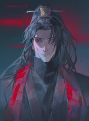 1boy black_hair black_hanfu blurry blurry_background chinese_clothes curtained_hair hair_flowing_over hair_ornament hairpin hanfu high_collar high_ponytail highres jia_qiu_(project_moon) jing84672940 limbus_company long_hair male_focus ponytail project_moon red_eyes red_scarf scar scar_on_face scarf serious shaded_face sidelocks solo spot_color stole upper_body