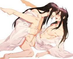 Rule 34 | 2boys, alternate costume, alternate hairstyle, anal, bare pectorals, bare shoulders, barefoot, bathrobe, bishounen, black hair, blush, bottomless, chinese clothes, collarbone, cum, cum in ass, cum on ass, cum on body, cum on male, eye contact, hair down, hand on another&#039;s thigh, hanfu, happy sex, highres, jujeop, kneeling, lan wangji, leg grab, long hair, looking at another, male focus, missionary, modao zushi, multiple boys, navel, nipples, off shoulder, open clothes, open mouth, open robe, parted lips, pectorals, purple eyes, robe, sex, sidelocks, simple background, sitting, smile, spread legs, sweat, wei wuxian, white background, white robe, yaoi, yellow eyes