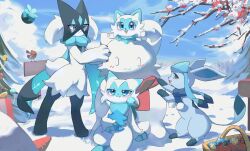 absurdres alternate_color alternate_shiny_pokemon berry_(pokemon) black_fur blue_eyes blue_fur blue_scarf blue_sky blush bright_pupils carrot christmas_ornaments christmas_tree clothed_pokemon cloud day fletchling flong floragato food gen_4_pokemon gen_6_pokemon glaceon highres kricketune mask meowscarada multicolored_fur nintendo open_mouth outdoors picnic_basket pokemon pokemon_(creature) red_scarf scarf signpost sitting sky snow snow_on_tree snowman sprigatito standing tree white_fur white_pupils