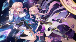 2girls ankle_boots artist_name black_boots black_choker black_corset blue_boots blue_eyes blue_jacket blue_skirt boots camera cat_princess chinese_commentary choker commentary_request corset dress_shirt earrings fang flower_ornament fu_xuan_(honkai:_star_rail) full_body hand_up high_heel_boots high_heels honkai:_star_rail honkai_(series) jacket jewelry long_sleeves looking_at_viewer march_7th_(honkai:_star_rail) march_7th_(preservation)_(honkai:_star_rail) medium_hair miniskirt multicolored_boots multicolored_eyes multiple_girls open_hand pink_eyes pink_hair pleated_skirt shirt single_earring skin_fang skirt thigh_strap tied_jacket two-tone_boots two-tone_eyes white_shirt