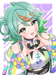 Rule 34 | 1girl, absurdres, ahoge, aogiri koukou, black bow, black bowtie, black shorts, blush, bow, bowtie, breasts, cleavage, detached sleeves, from above, green eyes, green hair, hair ornament, hair rings, heart, heart hair ornament, highres, looking at viewer, medium hair, multicolored hair, navel, open mouth, puwapuwa popura, ruriho, short shorts, shorts, smile, solo, streaked hair, teeth, upper teeth only, virtual youtuber