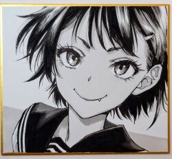 1girl choppy_bangs closed_mouth commentary_request eyelashes fang greyscale hair_ornament hairclip looking_at_viewer makomako1061 monochrome original pen_(medium) photo_(medium) portrait sailor_collar shikishi short_hair smile solo traditional_media