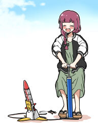 1girl air_pump alcohol_carton bicycle_pump black_jacket blush bocchi_the_rock! bow braid braided_ponytail closed_eyes cloud dress fangs full_body geta green_dress hair_bow highres hiroi_kikuri jacket long_hair open_clothes open_jacket open_mouth purple_hair rocket smile solo standing torako_(toramaru)