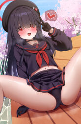 1girl absurdres aoto_mei arm_support bench beret black_choker black_gloves black_hair black_hat black_panties black_sailor_collar black_serafuku black_shirt black_skirt blue_archive blue_sky blush breath cherry_blossoms choker commentary_request cropped_shirt day falling_petals gloves hair_intakes hair_over_eyes halo hat heart highres justice_task_force_member_(blue_archive) loli long_hair long_sleeves looking_at_viewer midriff miniskirt navel neckerchief on_bench open_mouth outdoors panties park_bench petals pink_petals pleated_skirt red_eyes red_halo red_neckerchief sailor_collar school_uniform serafuku shirt skirt sky smile solo spoken_heart spread_legs steaming_body sweat thighs underwear v