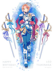 1boy amagi_hana blue_jacket blue_pants boots cape character_name closed_mouth collared_jacket commentary_request crown dated ensemble_stars! full_body gloves green_eyes happy_birthday highres holding holding_microphone jacket long_sleeves looking_at_viewer lying male_focus microphone on_back orange_hair pants parted_bangs red_cape short_hair smile solo sword tsukinaga_leo weapon white_background white_boots white_gloves