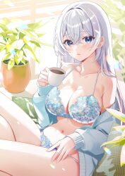 1girl bare_shoulders blue_bra blue_eyes blue_jacket blue_panties bra breasts cleavage collarbone commentary_request cup highres holding holding_cup jacket large_breasts lingerie long_hair looking_at_viewer motsunuki navel off_shoulder open_clothes open_jacket open_mouth original panties plant potted_plant sitting solo stomach string_bra string_panties thighs underwear white_hair