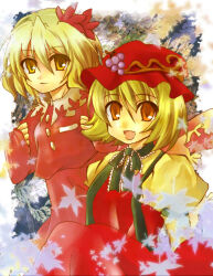 Rule 34 | 2girls, :d, aki minoriko, aki shizuha, apron, black ribbon, blonde hair, border, brown eyes, buttons, collar, cowboy shot, dress, falling leaves, frilled ribbon, frills, grape hat ornament, hair ornament, hat, highres, juliet sleeves, knees up, leaf, leaf hair ornament, light smile, long sleeves, maple leaf, medium hair, mob cap, multiple girls, okemai, open mouth, photo background, plant, puffy sleeves, red apron, red dress, red hat, red shirt, ribbon, shirt, short hair, smile, touhou, vines, white border, white collar, yellow shirt