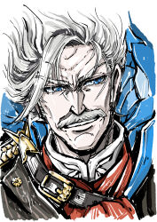 1boy absurdres blue_eyes close-up commentary_request facial_hair fate/grand_order fate_(series) hair_up high_collar highres james_moriarty_(archer)_(fate) looking_to_the_side male_focus mustache nishikawa099 old old_man solo sparkle white_hair
