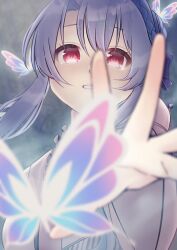 1girl absurdres animal_print black_bow blue_butterfly blue_hair blurry blurry_background blush bow braid bug butterfly butterfly_print commentary crown_braid depth_of_field floating_hair frilled_kimono frills glint glowing_butterfly hair_between_eyes hair_bow hair_bun hair_ribbon highres ichimiyasakutto insect japanese_clothes kimono long_hair long_sleeves looking_at_viewer nontraditional_miko outstretched_hand parted_lips reaching red_eyes red_pupils red_ribbon ribbon sad sidelocks single_hair_bun solo sorakado_ao summer_pockets tearing_up tears twitter_username upper_body white_kimono wide_sleeves