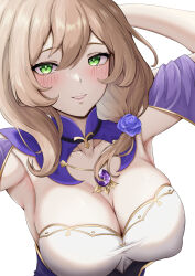 1girl arms_behind_head arms_up blush breasts brown_hair closed_mouth collar commentary_request detached_collar flower genshin_impact green_eyes hair_flower hair_ornament highres kakabos large_breasts lisa_(genshin_impact) looking_at_viewer parted_lips purple_collar simple_background smile solo upper_body vision_(genshin_impact) white_background