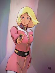 1970s_(style) 1980s_(style) 1girl aiming aiming_at_viewer artist_name belt blonde_hair blue_eyes commentary_request earth_federation gun gundam handgun highres holding holding_gun holding_weapon military_rank_insignia military_uniform mobile_suit_gundam moroboshi_danshaku oldschool pantyhose retro_artstyle sayla_mass science_fiction serious signature solo watermark weapon