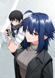 1boy 1girl absurdres ahoge black_hair black_jacket black_scarf blue_hair blush breasts brown_eyes can cigarette closed_mouth commentary_request grey_background grey_sweater hand_up highres holding holding_can holding_cigarette jacket large_breasts looking_at_viewer medium_hair orange_eyes original plaid_clothes plaid_scarf scarf short_hair sidelocks smoking solo_focus squatting sweater tanao_anata upper_body white_jacket