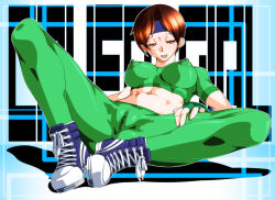 Rule 34 | 1girl, arikawadou, between legs, breasts, brown eyes, brown hair, cameltoe, female focus, gloves, gluteal fold, hairband, large breasts, latex, leg up, leggings, nipples, pale skin, pants, pussy, qkat (arikawa-dou), see-through clothes, shiny clothes, shiny skin, shirt, shoes, sitting, skin tight, sneakers, spread legs, the king of fighters, thighs, tight clothes, tight pants, tight shirt, yuri sakazaki