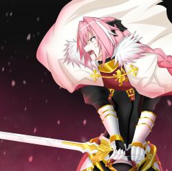 absurdres angry arm_guards armor armored_dress armored_gloves astolfo_(fate) blood blood_on_face blood_on_mouth cloak dress emblem fate/apocrypha fate/grand_order fate_(series) fighting_stance fur-trimmed_cloak fur_trim furious gradient_background hair_intakes highres holding holding_sword holding_weapon multicolored_cloak multicolored_hair pink_background pink_eyes pink_hair red_cloak shoulder_armor streaked_hair sword takaiwaeitoku trap weapon white_cloak white_hair