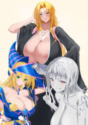 absurdres arm_behind_head bare_shoulders bleach blonde_hair blue_eyes chain chain_necklace collarbone crossover dark_magician_girl duel_monster green_eyes hat highres jewelry kaoru1307 long_hair matsumoto_rangiku mole mole_under_mouth nami_(one_piece) necklace nude one_piece orange_hair pink_shawl shawl shihakusho simple_background v wizard_hat yu-gi-oh!