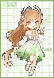 1girl bare_shoulders blonde_hair border brown_eyes cherilynorz chibi clothing_cutout copyright_name crescent crescent_earrings dress earrings eyelashes floating_earring floating_hair gold_choker gold_earrings gradient_clothes gradient_dress green_border green_dress grid_background hair_tubes halter_dress halterneck hand_up happy highres infinity_nikki jewelry laurel_crown leg_ribbon light_blush long_hair long_sleeves looking_at_viewer low-tied_long_hair medium_dress nikki_(series) open_mouth outline puffy_long_sleeves puffy_sleeves ribbon sandals shoulder_cutout single_hair_tube smile solo sparkle standing star_(symbol) swept_bangs twitter_username very_long_hair white_background white_dress white_outline wind wind_of_purity_(infinity_nikki) yellow_ribbon yellow_sandals