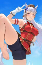 Rule 34 | 1girl, animal ears, armpits, bare legs, bare shoulders, barefoot, belt, bike shorts, black shorts, blue sky, blunt bangs, blush, bow, bowtie, breasts, buttons, cloud, day, double-breasted, dress, ear covers, feet, gloves, gold ship (umamusume), grey hair, grin, hand on own hip, hat, highres, horse ears, horse girl, horse tail, kenken2022257, large breasts, leg up, legs, long hair, looking at viewer, medium breasts, outdoors, pillbox hat, purple eyes, red bow, red dress, shirt, shorts, shorts under dress, sky, sleeveless, sleeveless dress, smile, soles, solo, standing, standing on one leg, tail, teeth, thighs, toenails, toes, umamusume, v, white gloves, white hair
