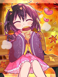 1girl :t ^_^ autumn autumn_leaves bench black_hair blush braid closed_eyes closed_mouth commentary_request crumbs eating feet_out_of_frame food frilled_skirt frills heart highres holding holding_food iriam jacket leaf long_sleeves medium_hair multicolored_hair neckerchief on_bench otokana_sora outdoors outline pink_hair pink_sailor_collar pink_skirt plaid_clothes plaid_skirt pleated_skirt purple_jacket richard_(richaball) roasted_sweet_potato sailor_collar sample_watermark school_uniform serafuku sitting skirt solo streaked_hair sweet_potato twin_braids two-tone_hair virtual_youtuber watermark watermark_grid wide_sleeves yellow_neckerchief