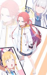 &gt;:( 3girls absurdres ahoge animal_ear_headphones animal_ears arm_at_side bare_legs blonde_hair blue_archive blue_eyes blue_halo blue_necktie blue_vest blunt_bangs blunt_ends bow braid cat_ear_headphones cat_ears chinese_commentary clenched_hand clenched_teeth closed_mouth coat collared_shirt commentary electricity eyes_visible_through_hair fake_animal_ears forehead full_body furrowed_brow greyscale hair_behind_ear hair_bow halo headphones highres hood hood_down hooded_coat jacket lapels long_hair long_sidelocks long_sleeves looking_at_viewer low-tied_sidelocks medium_hair millennium_science_school_logo millennium_science_school_student_(blue_archive) millennium_science_school_student_b_(blue_archive) momoi_(blue_archive) monochrome multicolored_coat multiple_girls necktie one_eye_closed one_side_up open_clothes open_jacket open_mouth orange_background orange_hair parted_bangs pink_background pink_eyes pink_halo pocket power_symbol purple_eyes raised_eyebrows red_bow sandals school_uniform shirt sidelocks single_braid slides standing surprised suspenders sweat t-hou teeth two-tone_background v-shaped_eyebrows vest white_background white_bow white_coat white_hair white_jacket white_sandals white_shirt wide-eyed wing_collar yellow_coat yellow_halo yuzu_(blue_archive) zoom_layer