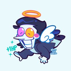 1boy absurdres angel_wings artist_name black_hair black_jacket black_shoes chibi circle_facial_mark closed_eyes deltarune eyes_visible_through_eyewear grey_background halo heterochromatic_eyewear highres jacket kittycatmatsu male_focus pants red_halo shoes short_hair simple_background smile solo spamton_g._spamton sparkle teeth tinted_eyewear white_pants wings