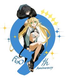 1boy 1girl :o ahoge anniversary artoria_caster_(fate) artoria_caster_(swimsuit)_(fate) artoria_caster_(swimsuit)_(first_ascension)_(fate) artoria_caster_(swimsuit_berserker)_(fate) artoria_caster_(swimsuit_berserker)_(first_ascension)_(fate) artoria_pendragon_(fate) asymmetrical_clothes asymmetrical_pants bikini black_footwear black_hair black_hoodie black_pants blonde_hair closed_mouth criss-cross_halter cropped_jacket english_text fate/grand_order fate_(series) full_body green_eyes hair_between_eyes halterneck highres hood hoodie jacket light_blush long_hair long_sleeves looking_at_another no_headwear oberon_(fate) oberon_(moody_summer_oberon)_(fate) oberon_(third_ascension)_(fate) open_mouth pants sandals short_hair simple_background single_pantsleg sitting sparkle ss_un17 standing swimsuit twintails white_background white_bikini white_jacket