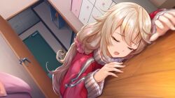 1girl bags_under_eyes blonde_hair chest_of_drawers closed_eyes door game_cg hair_ornament hair_scrunchie indoors jacket long_hair long_sleeves low_ponytail lying mugendo_saki non-web_source official_art on_stomach open_door open_mouth pink_scrunchie ponytail red_jacket scrunchie solo track_jacket u_u very_long_hair yumeutsutsu_re:master
