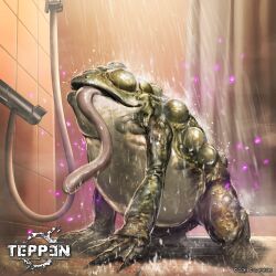 capcom frog highres horror_(theme) jun_ishimaru long_tongue lurker_(resident_evil) monster monster_focus no_humans official_art resident_evil resident_evil_0 showering teppen tongue tongue_out very_long_tongue