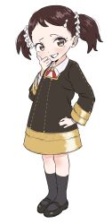 1girl absurdres becky_blackbell black_shoes black_socks bomb_hair_ornament brown_eyes brown_hair child eden_academy_school_uniform forehead grin hair_ornament hair_scrunchie hairclip hands_on_own_hips highres looking_at_viewer nahari_(pfum4557) school_uniform scrunchie shoes short_twintails simple_background smile smug socks spy_x_family twintails white_background white_scrunchie