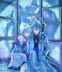 1boy 1girl absurdres bare_shoulders brother_and_sister closed_eyes coat commentary_request dress gloves grey_hair hair_between_eyes highres honkai:_star_rail honkai_(series) kukatsuma long_hair robin_(honkai:_star_rail) siblings sitting something_unto_death_(honkai:_star_rail) spoilers sunday_(honkai:_star_rail) very_long_hair white_coat white_dress white_gloves