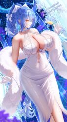1girl alternate_costume artist_name bare_shoulders blue_hair bow breasts center_opening cleavage commentary commission dress eeyoosekedooaat english_commentary feather_boa feet_out_of_frame girls&#039;_frontline gloves hair_bow highres huge_breasts jewelry long_hair looking_at_viewer necklace pearl_necklace see-through_clothes see-through_dress sleeveless sleeveless_dress solo standing tar-21_(girls&#039;_frontline) vgen_commission white_bow white_dress white_gloves yellow_eyes