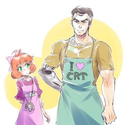 1boy 1girl ahoge apron black_hair blush clothes_writing cosplay green_eyes hair_ribbon heart iesupa james_ironwood muscular open_mouth orange_hair penny_polendina prosthesis ribbon rwby short_hair smile steins;gate tennouji_nae tennouji_nae_(cosplay) tennouji_yuugo tennouji_yuugo_(cosplay) terasoma_marasaki terasoma_masaki voice_actor_connection white_hair