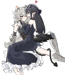 Rule 34 | 2girls, animal ears, awa subaru, barefoot, black hair, black wings, caigengen, demon girl, demon horns, demon tail, dress, elbow gloves, eye contact, girls band cry, girls band cry rpg, gloves, grey eyes, grey hair, hand on another&#039;s face, hand on another&#039;s waist, heart, highres, horns, kawaragi momoka, light blush, long hair, looking at another, low wings, multiple girls, one eye closed, open mouth, pointy ears, purple eyes, simple background, smile, tail, white background, wings, wolf ears, wolf girl, wolf tail, yuri