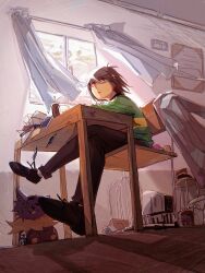 1other birdcage black_pants black_shoes brown_hair cage card chair chinese_commentary commentary_request curtains deltarune desk green_shirt heterochromatic_eyewear highres indoors kris_(deltarune) moyi7239 on_chair open_mouth pants pink-tinted_eyewear red_eyes seam_(deltarune) shirt shoe_soles shoes short_hair sitting striped_clothes striped_shirt stuffed_animal stuffed_toy tinted_eyewear unworn_eyewear window yellow-tinted_eyewear