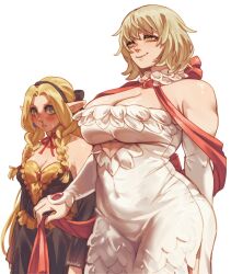 2girls addy_(@vegeebs) aroused_nosebleed bare_shoulders black_dress black_hairband blonde_hair blush braid breasts covered_navel dress dungeon_meshi elf falin_touden feather-trimmed_dress gold_trim hairband highres large_breasts long_hair marcille_donato medium_breasts multiple_girls official_alternate_costume pointy_ears red_shawl shawl twin_braids very_long_hair