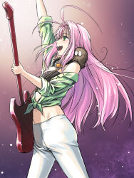 1girl 1other alien antenna_hair black_tube_top front-tie_top guitar guvava headset highres holding holding_guitar holding_instrument instrument long_hair macross macross_7 midriff mylene_jenius navel pants pink_hair sakurai_tomo strapless takekawa_shin tube_top waving_arms white_pants