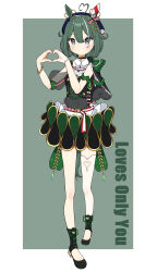 1girl absurdres ahoge beret black_dress black_shoes blue_hat border character_name dress ear_covers full_body green_background green_hair grey_eyes hair_between_eyes hat heart heart_ahoge heart_hands highres horse_girl loves_only_you_(racehorse) multicolored_hair oishiiiii4 original personification shoes simple_background single_ear_cover single_thighhigh solo streaked_hair thighhighs umamusume white_border white_hair white_thighhighs