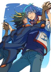 2boys black_hair blonde_hair blue_hair blue_jacket blue_pants blue_shirt brown_gloves bruno_(yu-gi-oh!) cowboy_shot denim fudo_yusei gloves highres interlocked_fingers jacket male_focus medium_hair multicolored_hair multiple_boys open_mouth pants shirt smile spiked_hair two-tone_hair white_jacket youko-shima yu-gi-oh! yu-gi-oh!_5d&#039;s