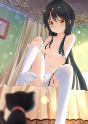 1girl absurdres black_hair breasts cat curtains hair_censor hair_over_breasts highres loli long_hair navel no_shoes orange_eyes original panties small_breasts soles thighhighs topless_female underwear very_long_hair white_thighhighs zds