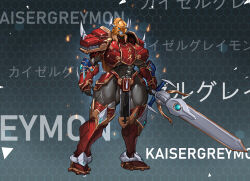 1girl abs absurdres armor blue_eyes breasts character_name commentary digimon digimon_(creature) english_commentary genderswap genderswap_(mtf) helmet highres holding holding_sword holding_weapon kaisergreymon manob0028 orange_helmet red_armor solo sword underboob weapon