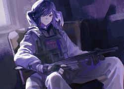 1girl asymmetrical_arms black_gloves blue_eyes braid bulletproof_vest clothes_writing dragon_tail gloves gun head_wings heterochromia highres holding holding_gun holding_weapon long_sleeves looking_at_viewer medium_hair mockingbird0009 nijisanji nijisanji_en pointy_ears purple_eyes purple_hair purple_theme purple_wings selen_tatsuki selen_tatsuki_(1st_costume) sitting solo tail twin_braids virtual_youtuber weapon wings