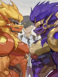 3boys absurdres apollomon apollomon_whispered digimon digimon_(creature) furry furry_male highres lion_boy multiple_boys muscular muscular_male